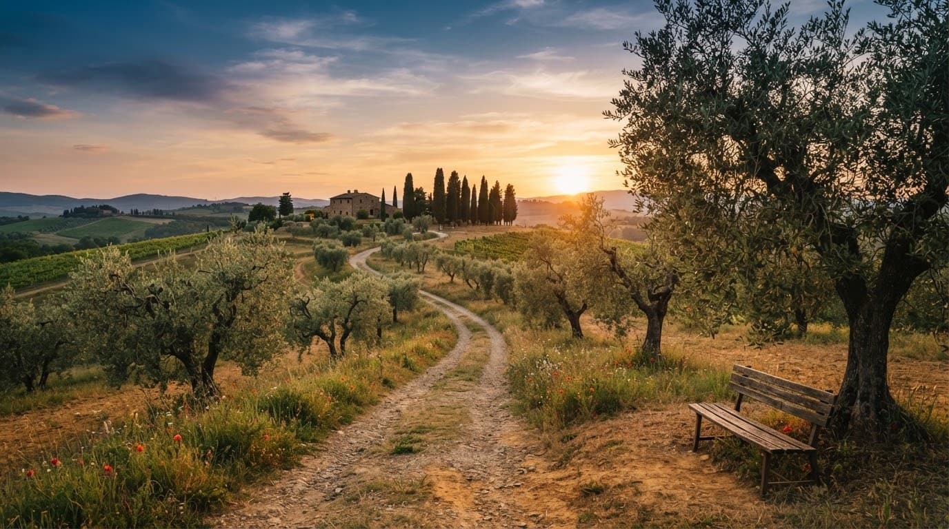 Olivar al atardecer con un camino entre los árboles